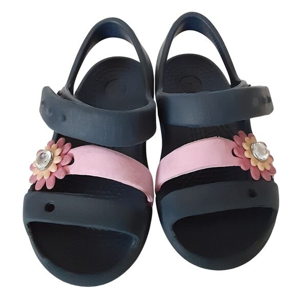Crocs Keeley Charm Sandals Girls 7 Navy Blue Pink Hook & Loop Strap Water Shoes - Picture 2 of 8
